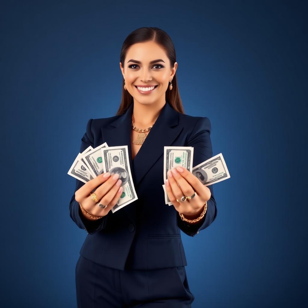 V13 — Woman 30s, navy pantsuit, gold jewelry