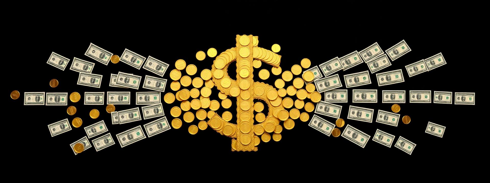 V119 — Overhead: giant golden $ symbol built from coins + cash — wealth banner wealth-banner-119 (Aerial) illustrating make money online with affiliate links. A visual guide to premium affiliate marketing links that help creators monetize your website traffic through flat rate referral bonuses. Featured on the Best Affiliate Links directory of hand picked affiliate link directory, ClickBank digital product marketplace, ClickBank affiliate offers, and ShareASale merchant network offers. Perfect for blogger affiliate income, newsletter monetization strategy, and podcast sponsor and affiliate income looking to make money online. Explore web hosting affiliate commissions, VPN partner program bounties, and credit card affiliate CPA payouts alongside classic ClickBank digital product marketplace inventory. Every listing is a your complete affiliate link directory focused Make Money Online with www.Best-Affilliate-Links.com.